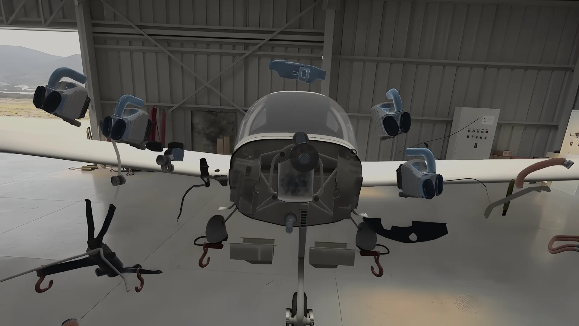 Motor del Diamond DA20-C1 despiezado en el hangar de instrucción