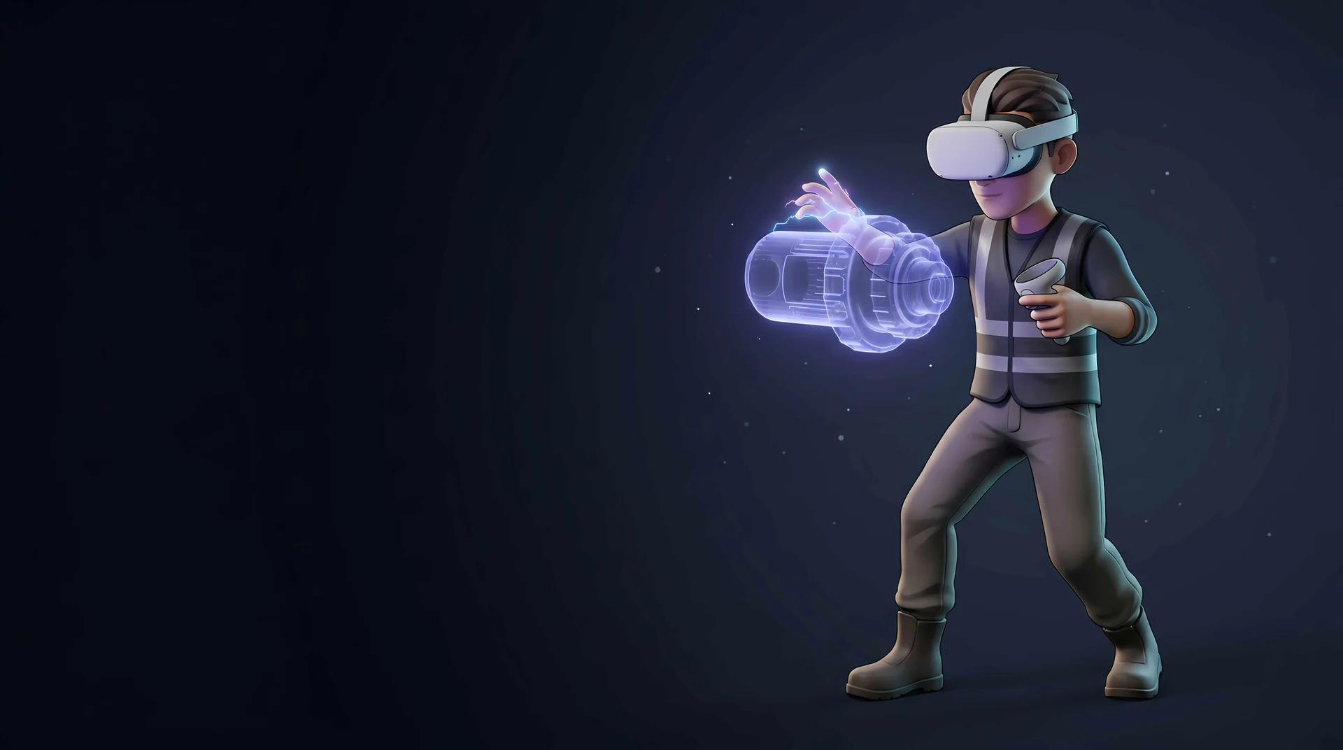 Operador con casco VR interactuando con componente industrial holográfico