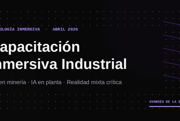 Capacitación inmersiva industrial: titular sobre fondo oscuro con acentos morados representando tecnología inmersiva, VR e IA