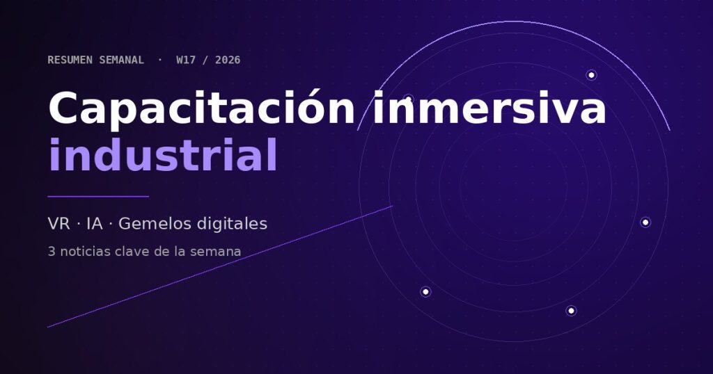 Diseño abstracto en violeta y negro que ilustra capacitación inmersiva industrial con VR, IA y gemelos digitales