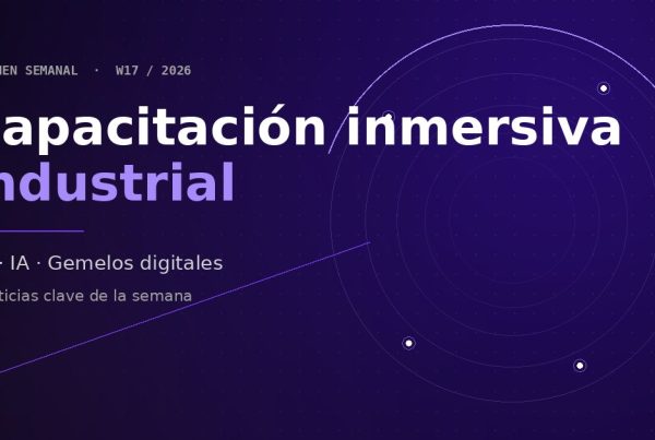 Diseño abstracto en violeta y negro que ilustra capacitación inmersiva industrial con VR, IA y gemelos digitales
