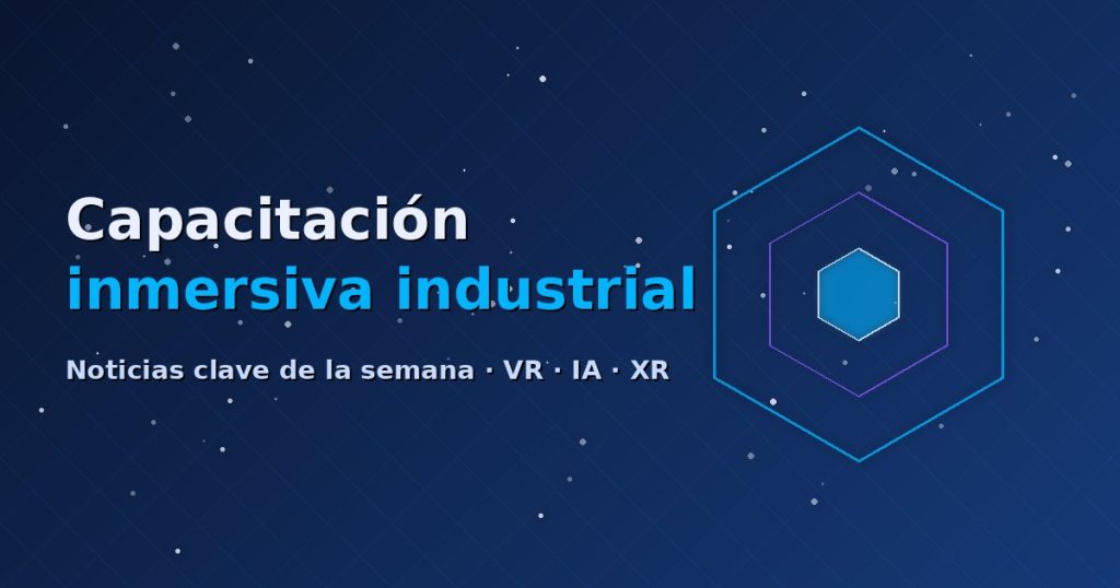 Diseño abstracto con hexágonos azules que evoca la capacitación inmersiva industrial con realidad virtual e IA