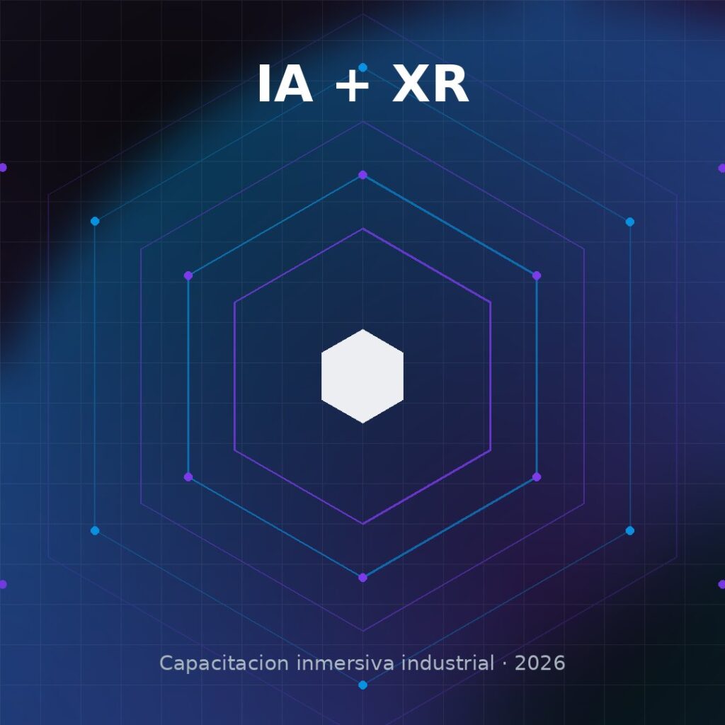 Diseño abstracto hexagonal en violeta y azul que representa la capacitación inmersiva industrial con IA y XR