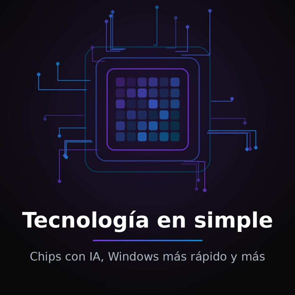 Ilustración abstracta de un chip con circuitos en violeta y azul sobre fondo negro, tecnología explicada en simple: chips con IA y Windows más rápido