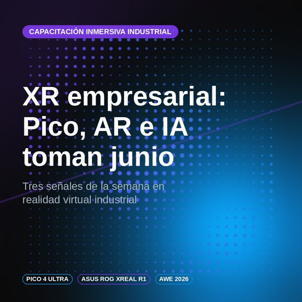 Visualización abstracta violeta y azul que representa la capacitación inmersiva industrial con realidad virtual